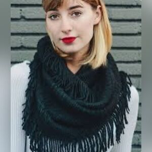 Black Knit Fringed Infinity Boho Scarf - worn once